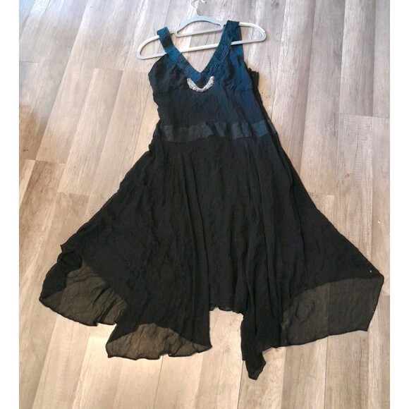 Vintage Chicas Size Large100% Silk Fairy Black Mesh Layer Tier Midi Dress.  B61 - Picture 1 of 8
